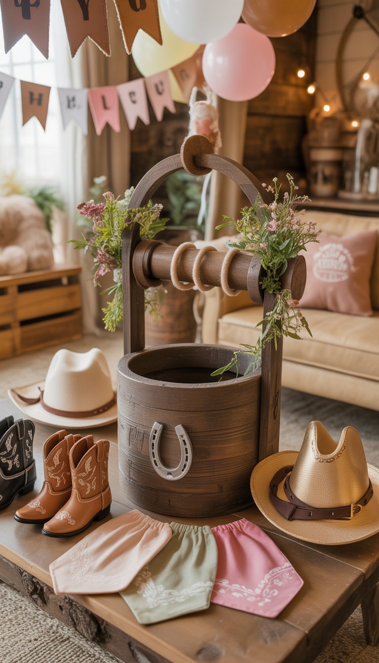 A baby shower setup featuring a rustic horseshoe wishing well decorated with flowers and cowgirl-themed baby shower decorations.
